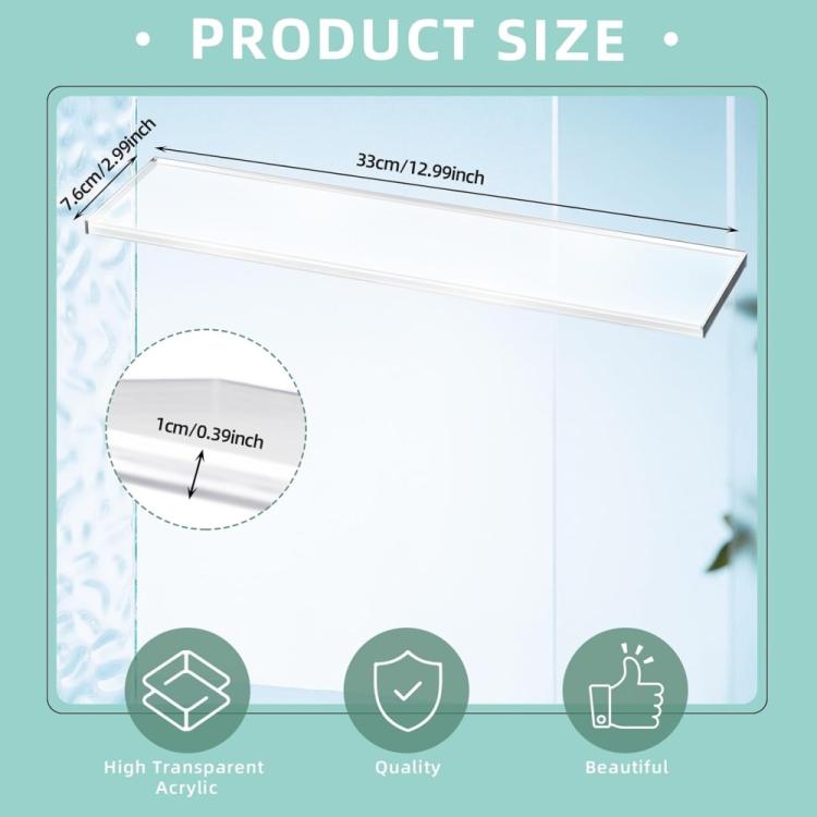 Transparent acrylic medicine cabinet replacement shelf with measured thickness detail