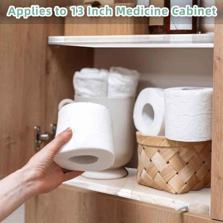 Clear acrylic shelf for 13-inch medicine cabinet, supports tissue rolls and paper