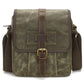 Army green waxed canvas crossbody bag with leather cross flap and buckle