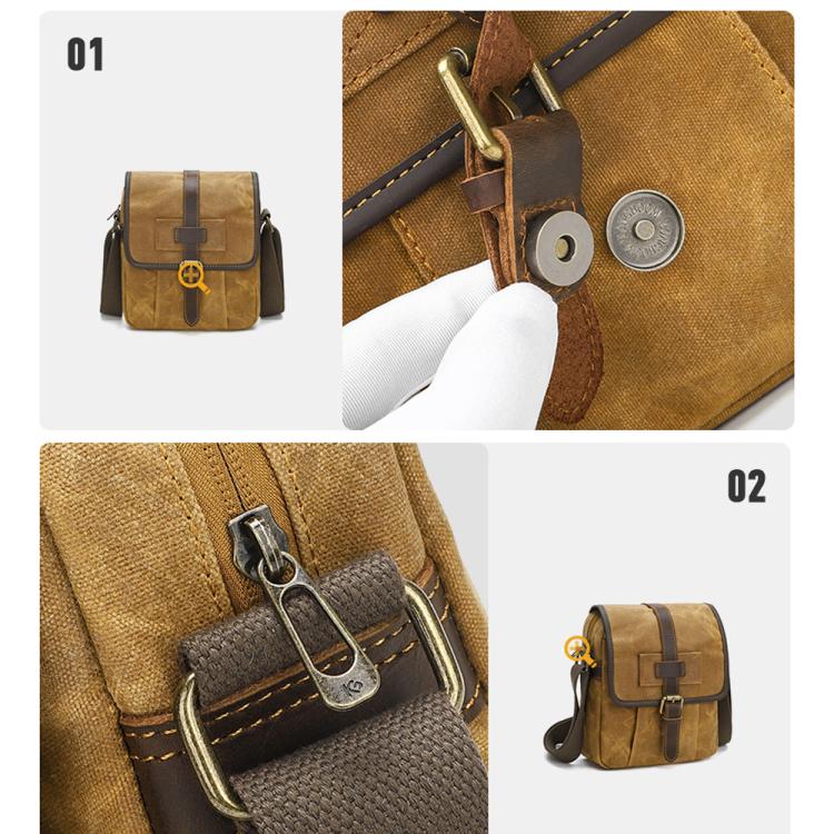 Waxed canvas crossbody bag close-up of flap hardware and leather pull tab