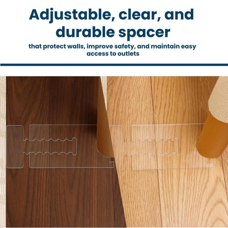 Clear adjustable acrylic spacer pads for furniture legs, wall protection