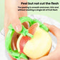 Green hand-crank peeler removing peel from a red apple, showing pale slices