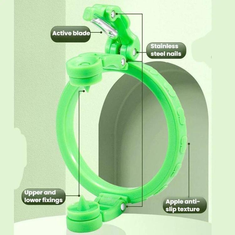 Green hand-crank peeler showing active blade and textured anti-slip grip