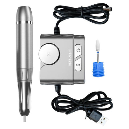 Portable wired nail grinder set with silver handpiece, controller, and blue sanding bit