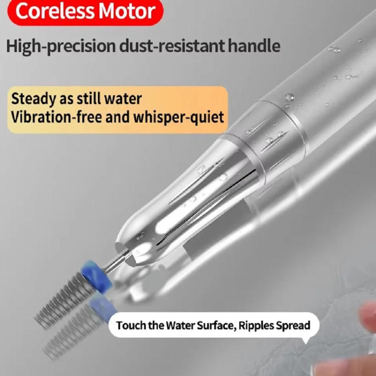 Silver nail grinder handpiece with blue sanding bit attached and textured body