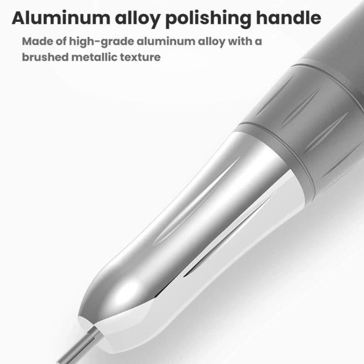 Silver aluminum nail grinder handle with brushed metallic finish and control section