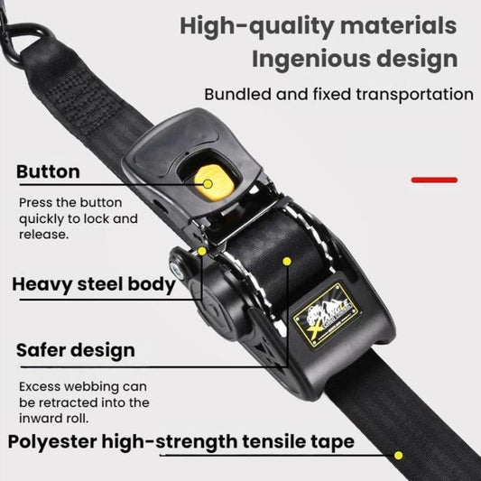 Black retractable tie-down tensioner with yellow release button and heavy-duty steel body