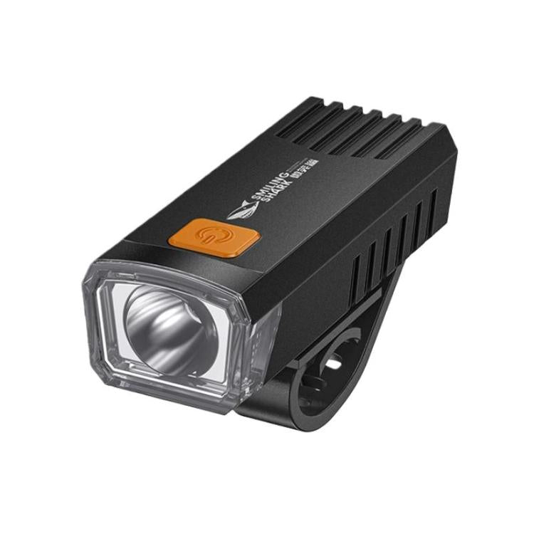 Black bike headlight with clear lens and orange power button, front-mounted bracket