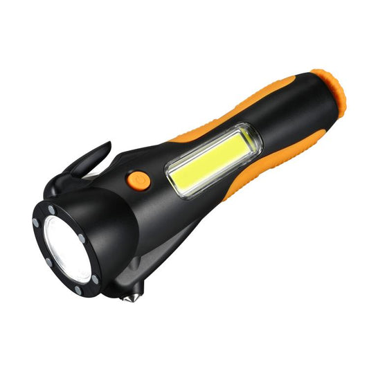 Black and orange emergency COB work light with side handle and front flashlight head
