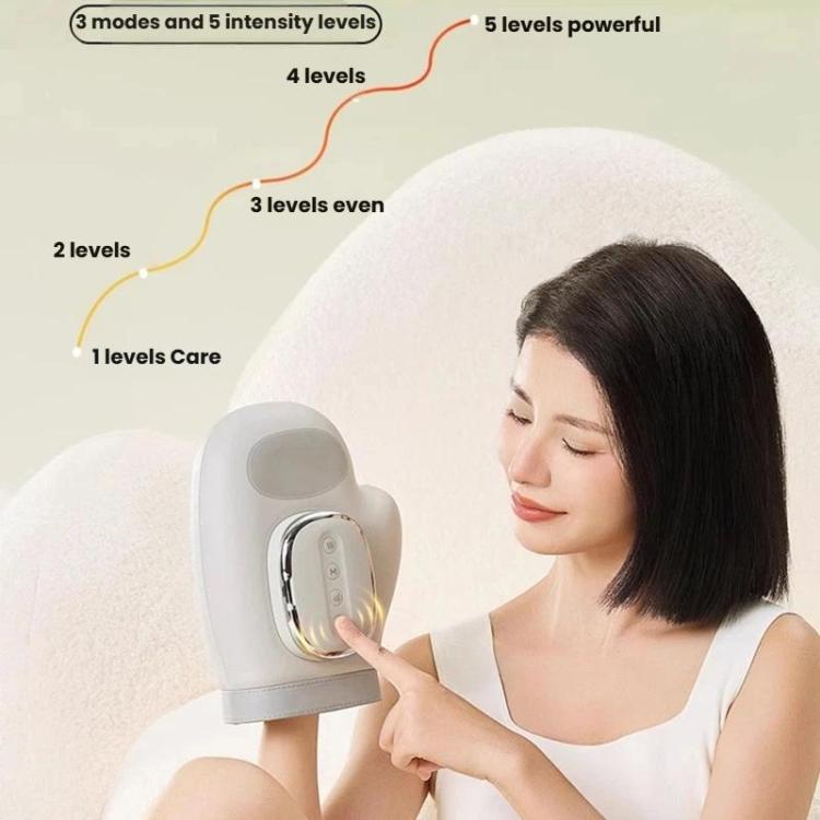 Hand massager glove with mode and intensity control buttons