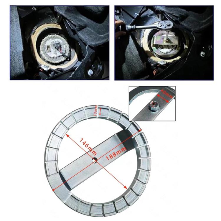 Fuel tank cap removal tool diagram showing ring and bar with measurement lines