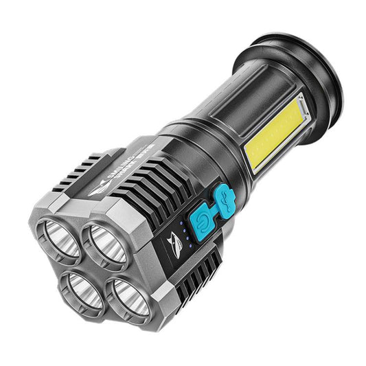 Portable LED flashlight with yellow front LED and blue side buttons on dark body