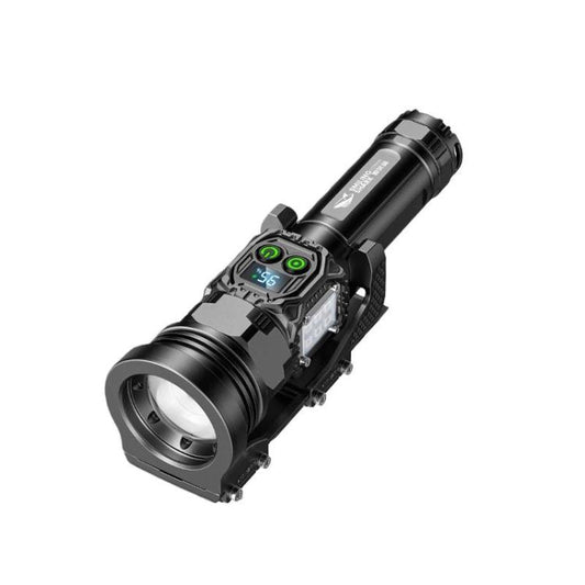 Black handheld flashlight with power display screen, green buttons, and textured grip