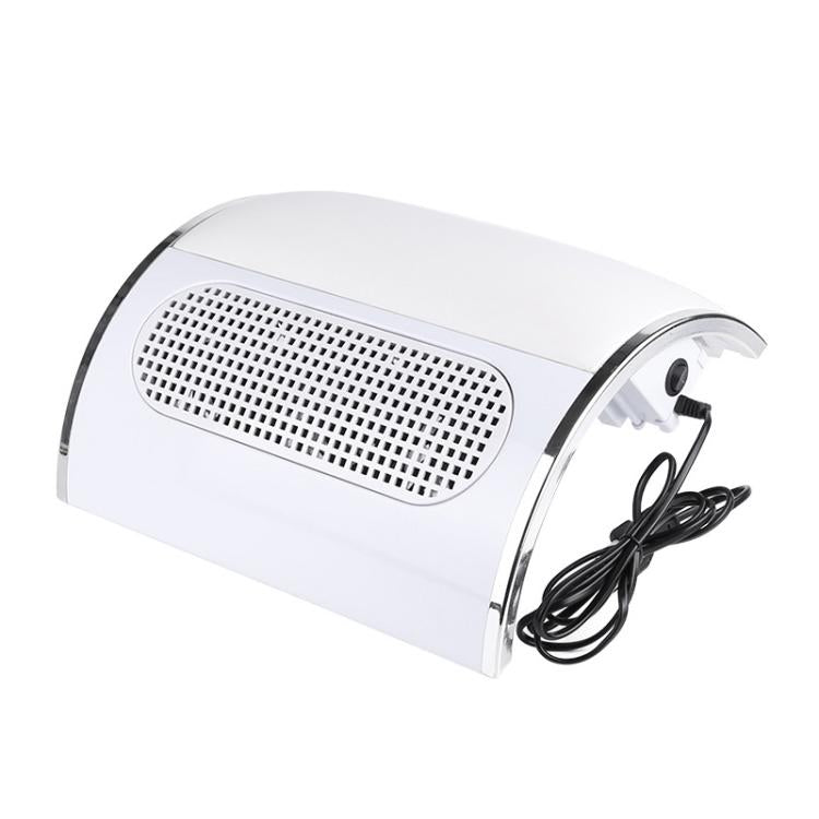 White desktop nail dust collector with vented mesh intake panel and chrome trim