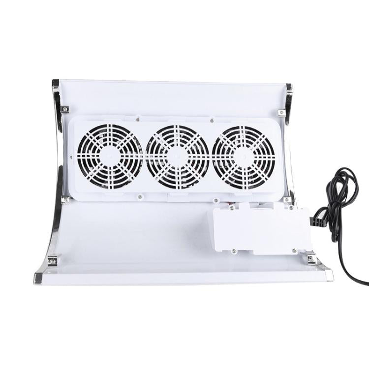 White nail dust collector front with triple fan grilles and power cord