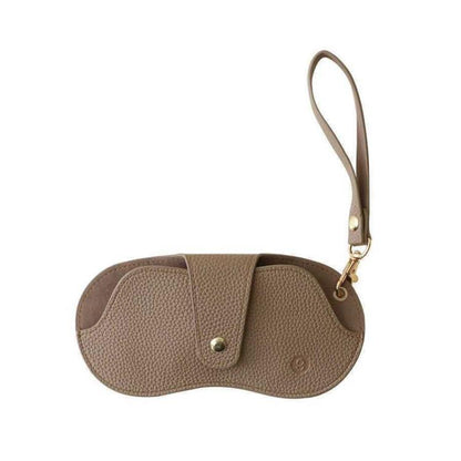 Hanging PU leather eyeglasses case with wrist strap and snap front, brown pebble texture