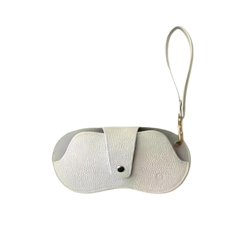 Hanging PU leather eyeglasses case with wrist strap and snap front, white pebble texture