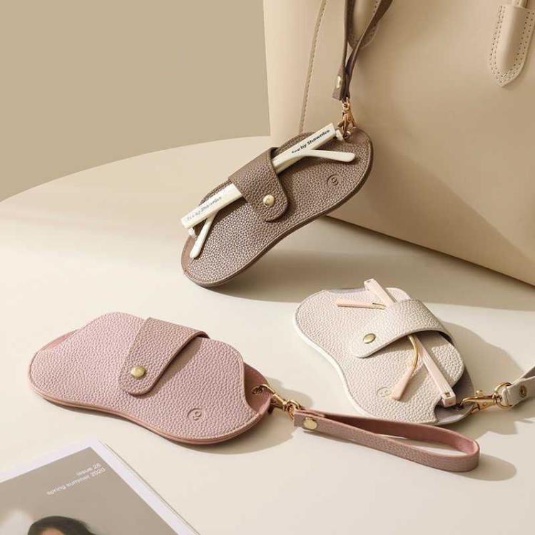 Hanging eyeglasses case set with wrist strap and snap closure in brown and light pink