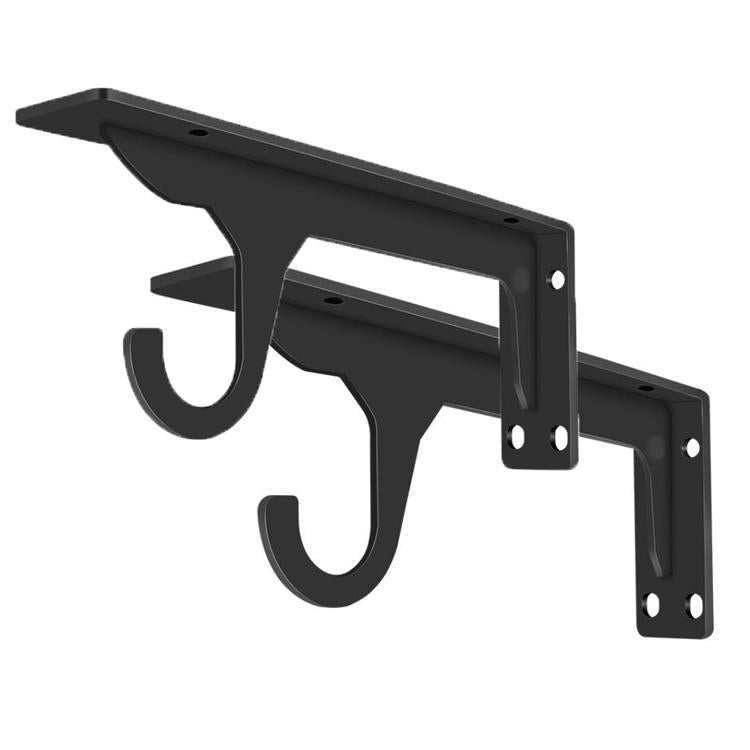 Black triangular wall-mounted shelving bracket with double hooks and mounting holes