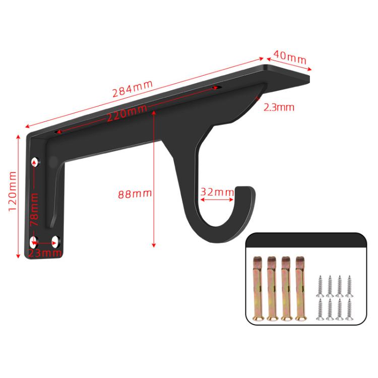 Black triangular wall-mount support bracket with double hooks and screw holes
