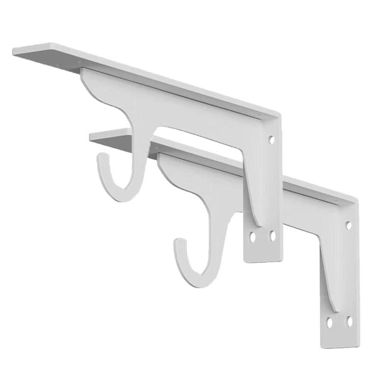 White triangular wall-mounted shelving support bracket with double hooks and screw holes