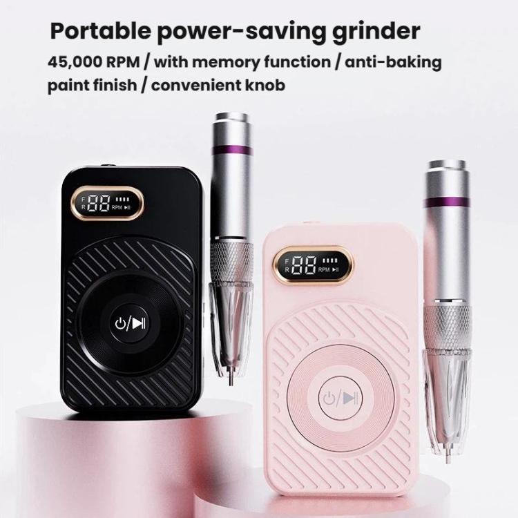 Portable rechargeable nail file kit with black and pink bases and attached metal handle