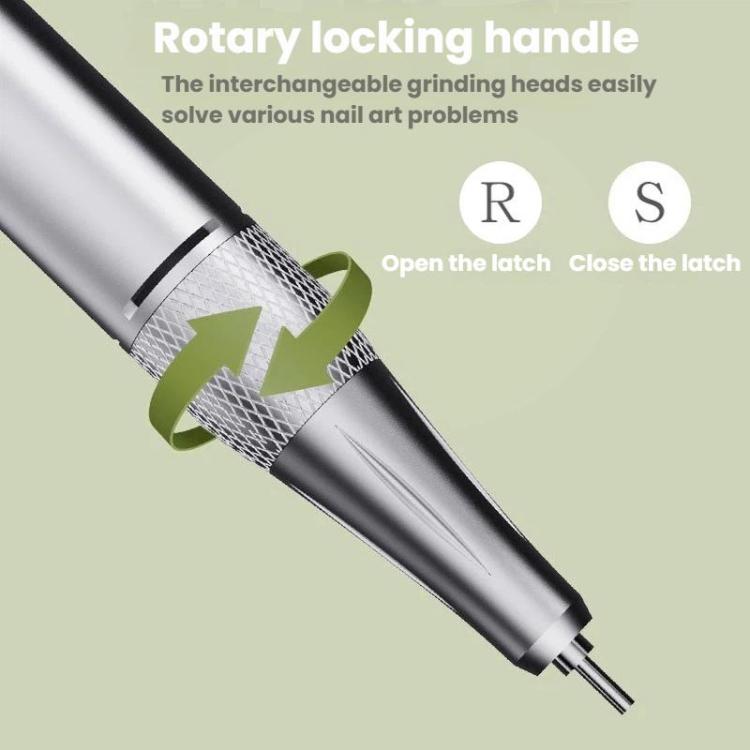 Silver rotary handle with locking latch and textured grip