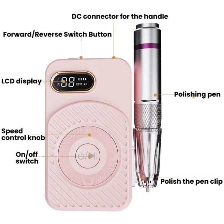 Pink portable rechargeable nail file with LCD display and polishing pen handle