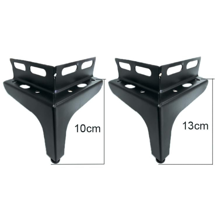 Set of black corner support brackets, sizes 10cm and 13cm, three-pronged design