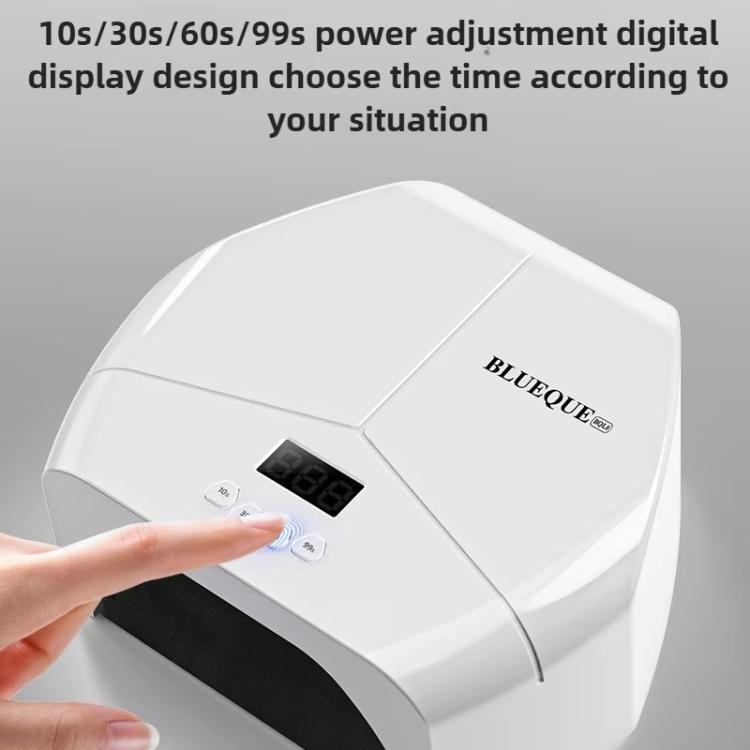 White nail lamp with touch buttons and digital display; fingertip selecting time