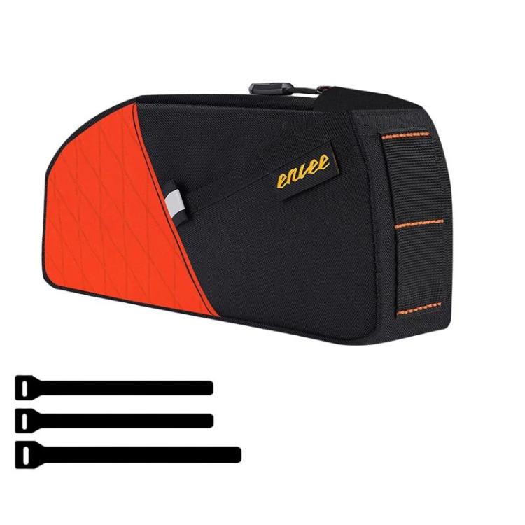 Orange and black waterproof bike top tube frame bag with front organizer panel and zip