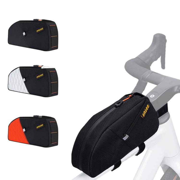 Bike top tube frame bag color options: black, white, and orange