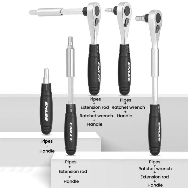 Bike ratchet wrench set with extension rods and handle pieces for tire repair