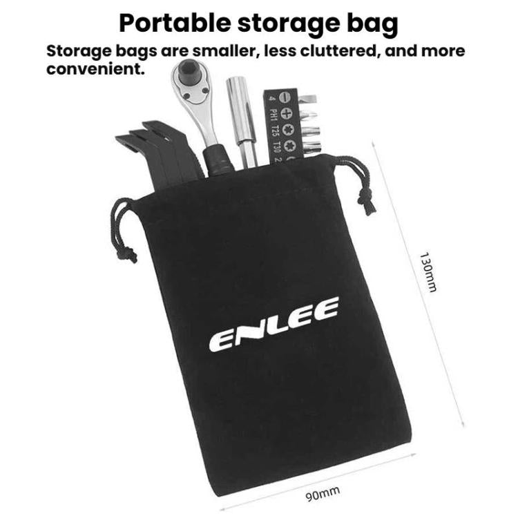 ENLEE bike ratchet wrench repair kit storage bag with tools, black pouch and drawstring