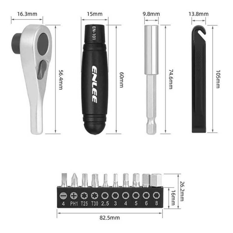 ENLEE ratchet wrench repair kit tool sizes: ratchet handle, extension, bits, tire lever