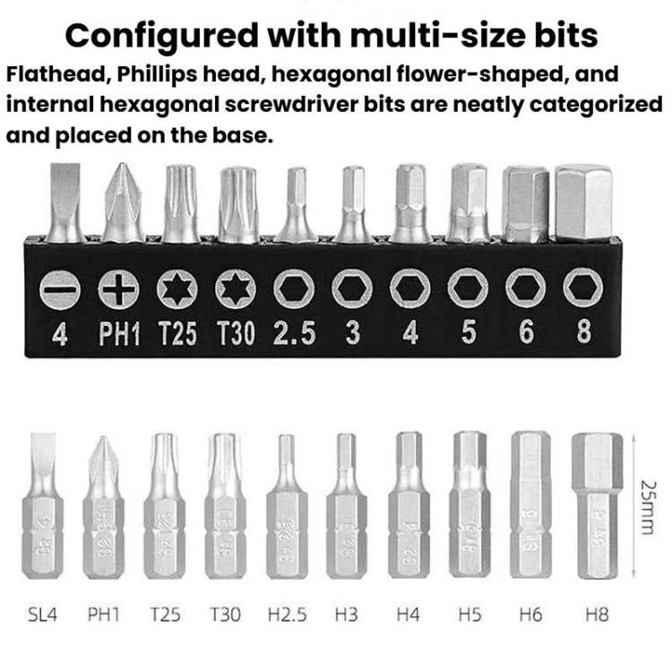 Multi-size screwdriver bit set on black base with labeled bit heads and sizes