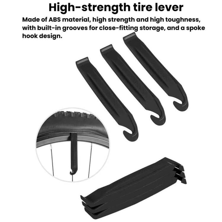 High-strength tire levers set with three pry tools and spoke hook design