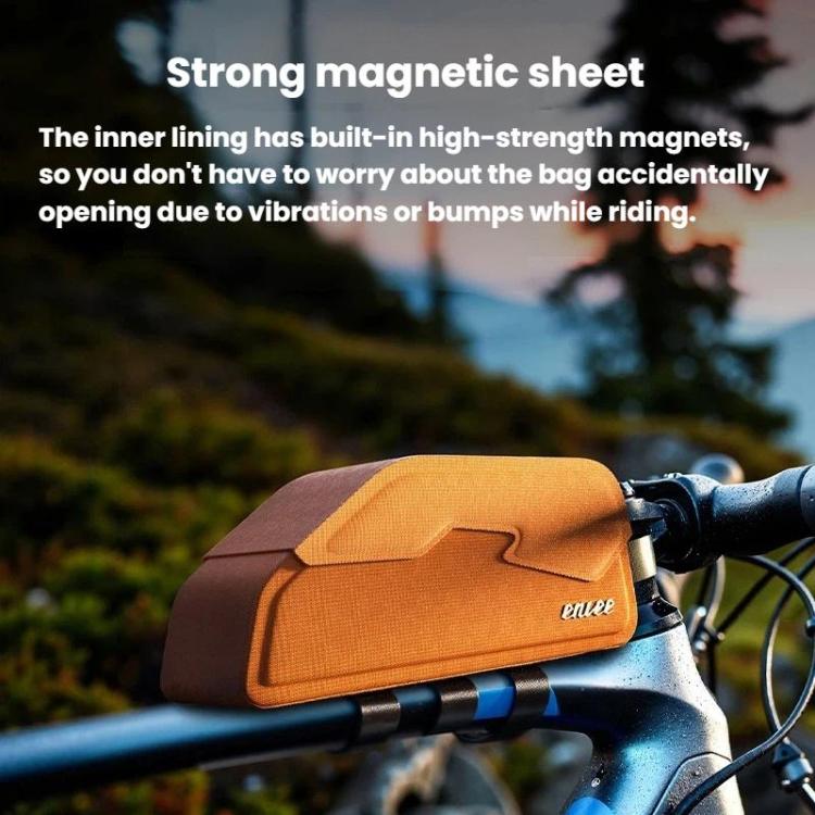 Orange bike frame tube bag on handlebars with hinged magnetic flip cover
