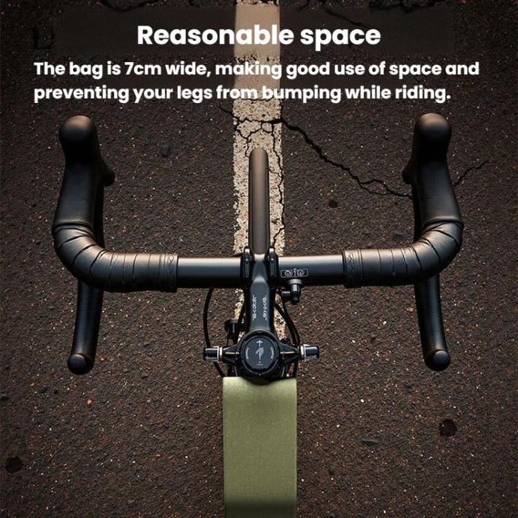 Green bike frame tube bag mounted under the handlebars