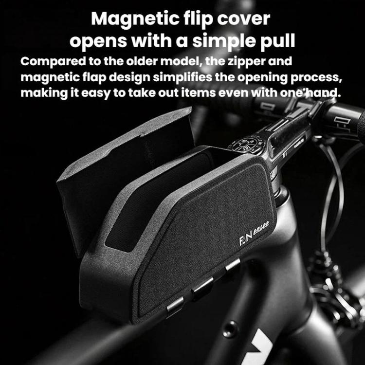Black bike frame tube bag with flip cover open, showing the interior