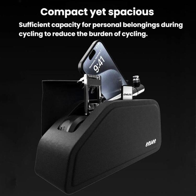 Black bike magnetic flip-top tube bag mounted on the bicycle frame
