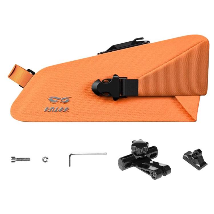 Orange waterproof bike seat bag with quick-release strap and reflective trim