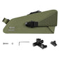 Green waterproof bike seat bag with quick-release strap and reflective trim