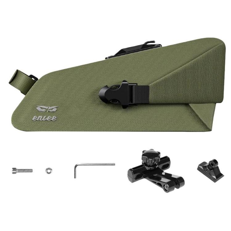 Green waterproof bike seat bag with quick-release strap and reflective trim