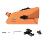 Orange bike seat bag with mounting hardware and quick-release strap