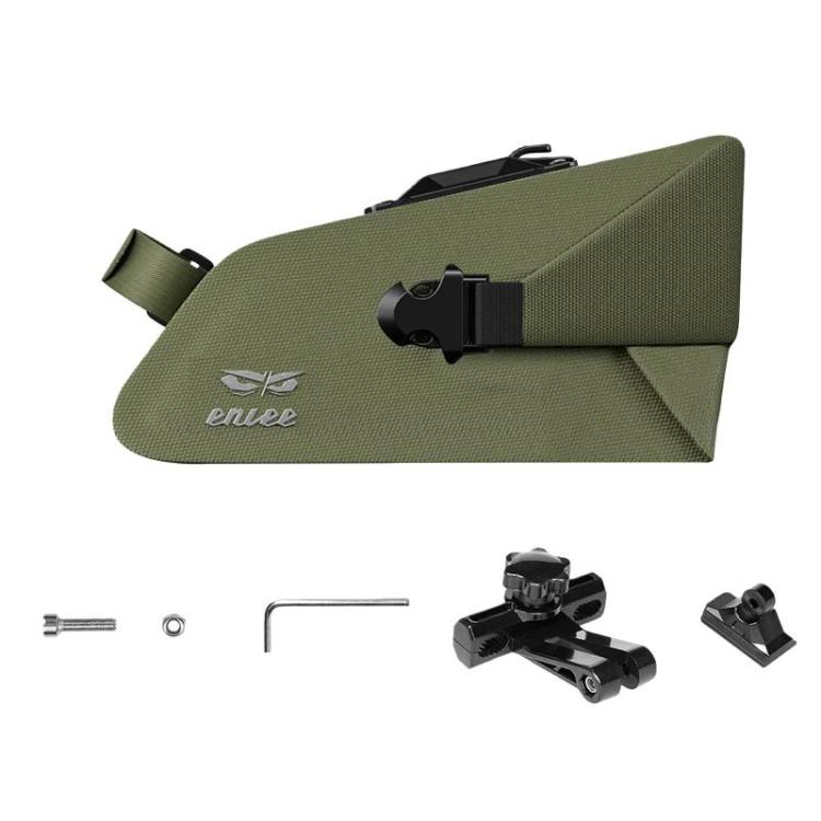 Green bike seat bag with mounting hardware and quick-release strap