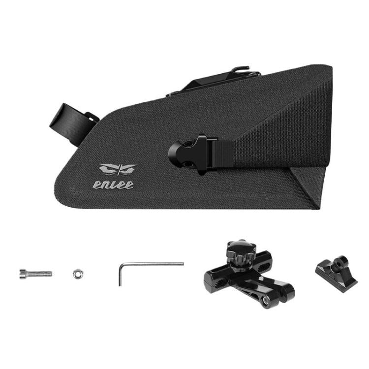 Black bike seat bag with mounting hardware and quick-release strap