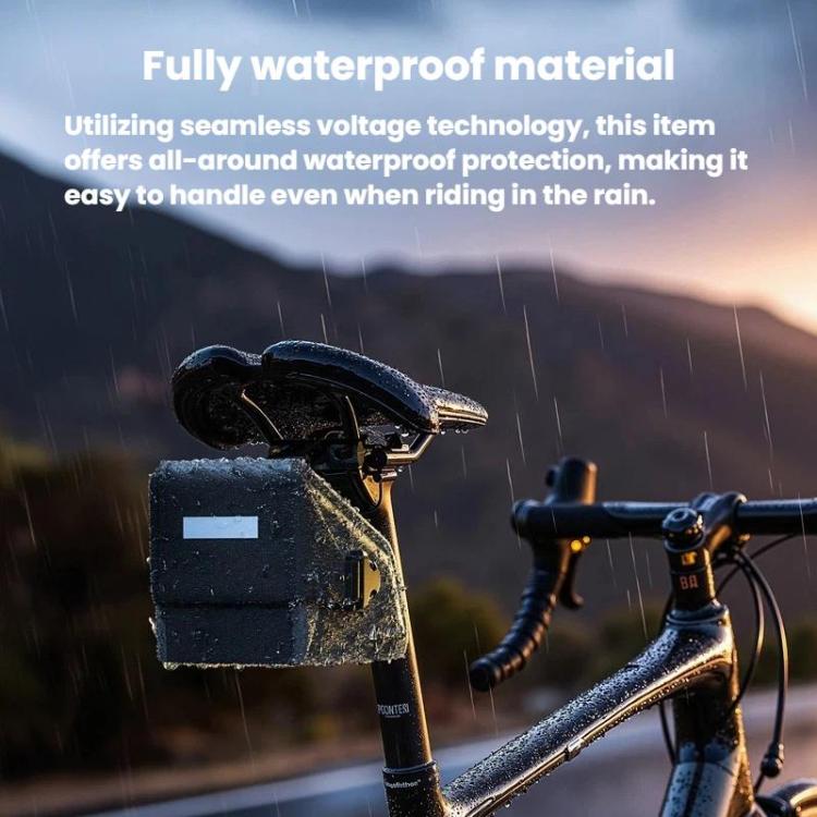 Black bike seat bag on bicycle frame with rain-drenched protection
