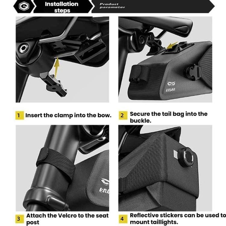 Bike seat bag clamp and buckle installation view, waterproof fabric