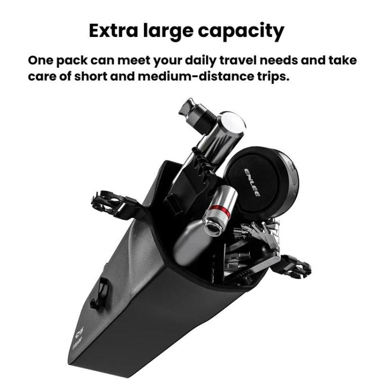 Mounted black bike seat bag with quick-release straps for commuting storage